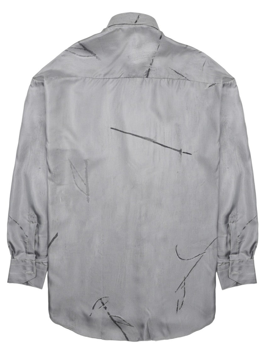 Costumein Long-Sleeved Grey Silk Shirt With Abstract Patterns