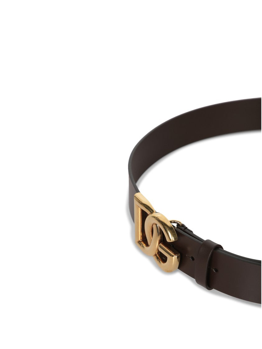 Dolce & Gabbana Brown Leather Belt With Gold Logo Buckle