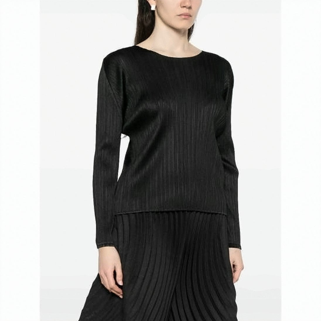 Pleats Please Textured Pleated Black Long-Sleeve Top