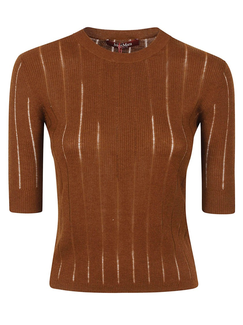 Max Mara Ribbed Knit Top With Sheer Stripe Detail