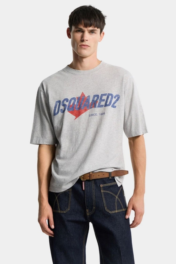 Dsquared2 Grey Maple Leaf Logo Printed Cotton-Blend T-Shirt