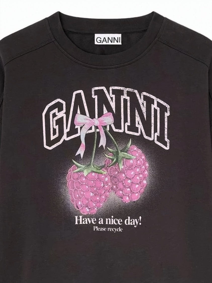 Ganni Cropped Long-Sleeve Top With Raspberry Graphic
