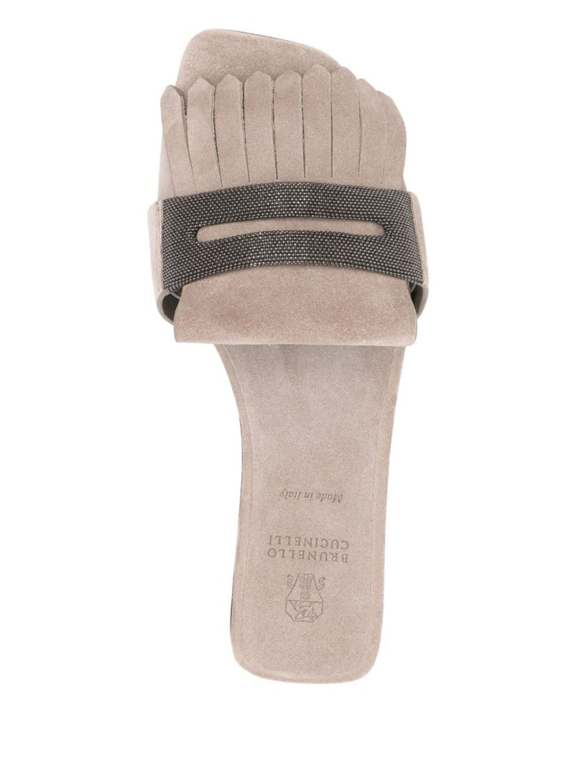 Brunello Cucinelli Fringe Detail Taupe Grey Sandals