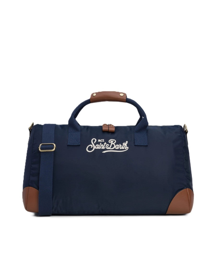 Mc2 Saint Barth Navy Blue Duffle Bag With Brown Leather Accents