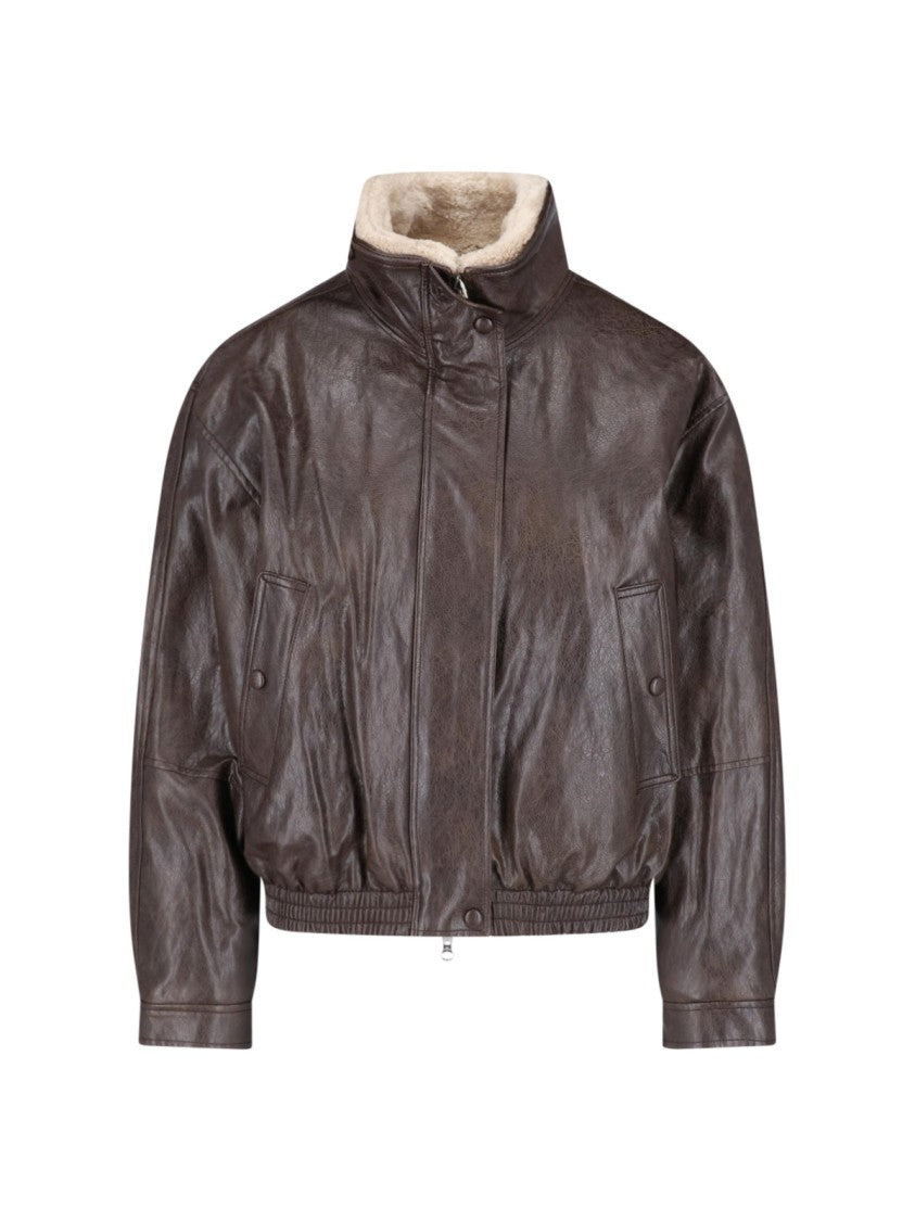 Low Classic Brown Detachable Faux Fur Collar Faux Leather Bomber Jacket