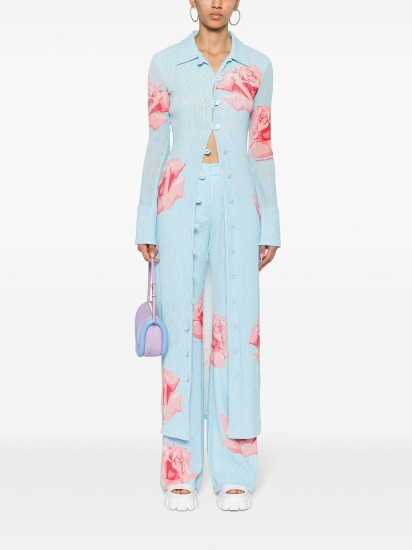 Kenzo Light Blue Plissé Flared Trousers