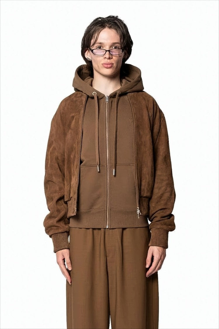 Ami Relaxed Fit Brown Goatskin Leather Jacket With Hood