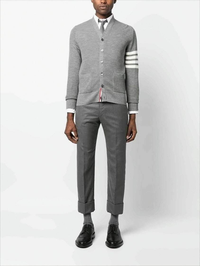 Thom Browne V-Neck Hand-Knitted Grey Wool Cardigan With Signature Stripes