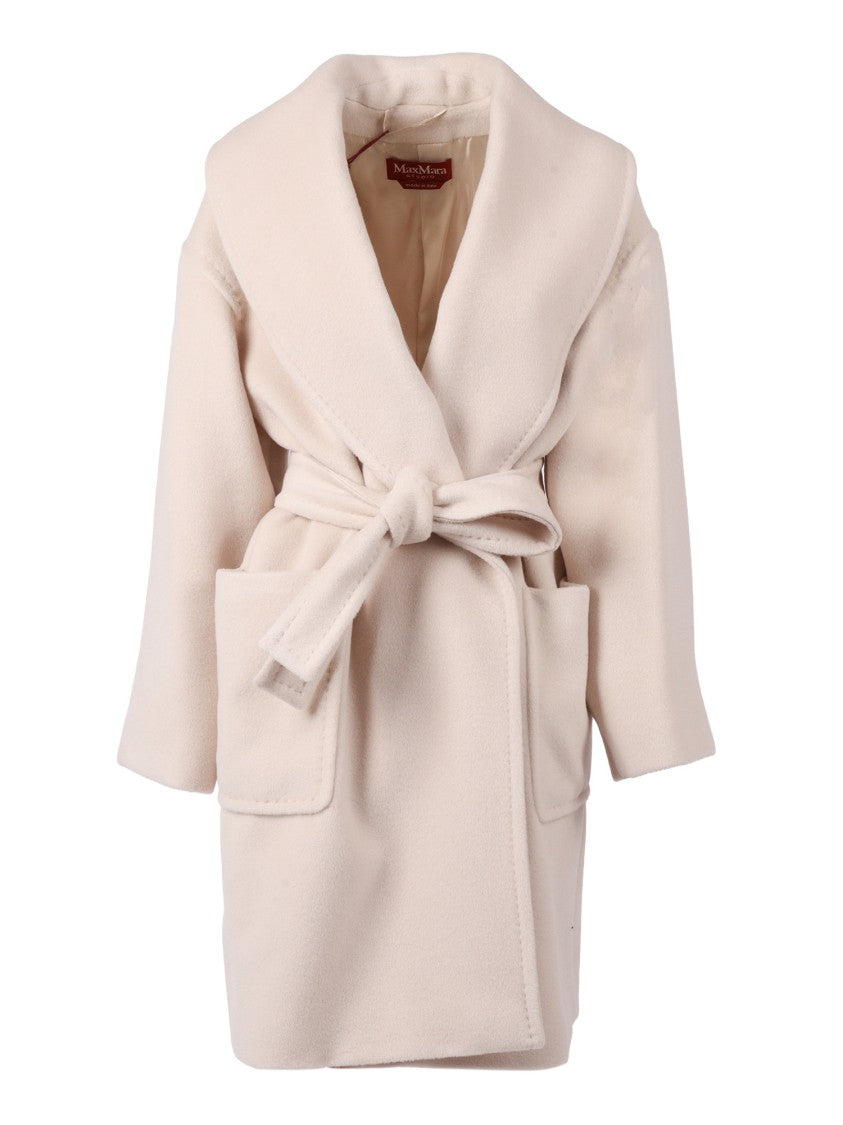 Max Mara Beige Short Coat With Wide Shawl Collar And Self-Tie Belt