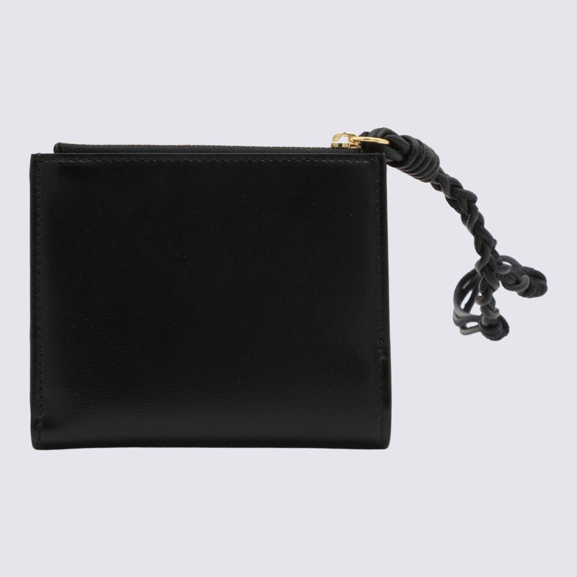 Jil Sander Compact Black Wallet With Gold Hardware And Braided Strap