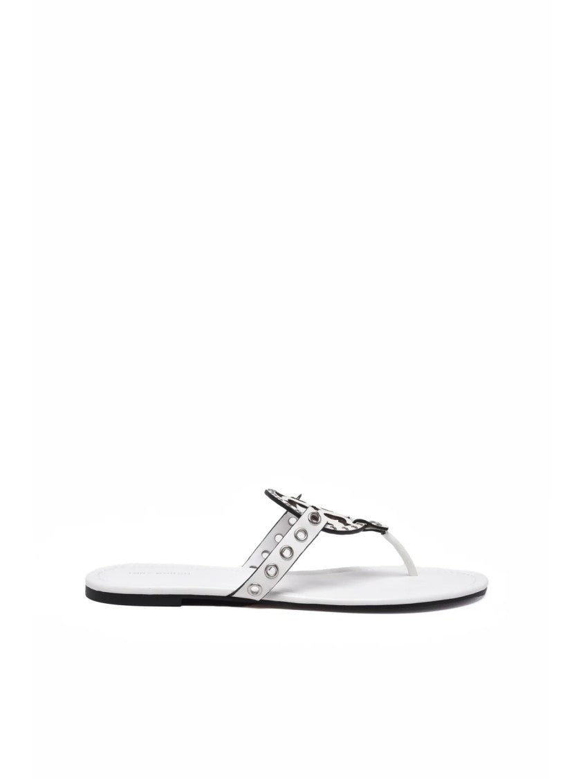 Tory Burch White Miller Eyelet Leather Thong Sandals