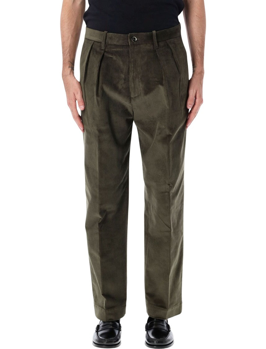 Nine In The Morning Kai Olive Green Corduroy Pleated Straight-Leg Casual Pants