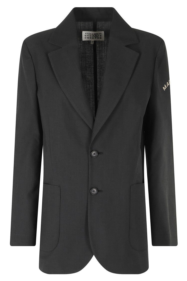 Mm6 By Maison Margiela Anthracite Mixed Wool Logo Sleeve Cotton-Blend Blazer