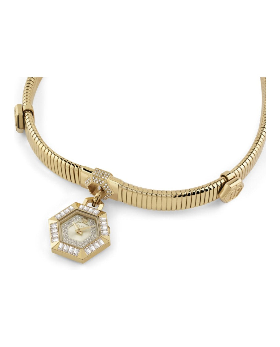 Philipp Plein Hexagon Crystal Necklace Watch With Gold Sunray Dial