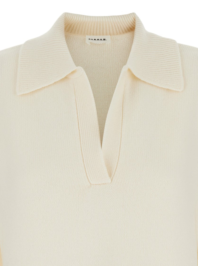 P.A.R.O.S.H. White Sweater With Polo Shirt Style Collar