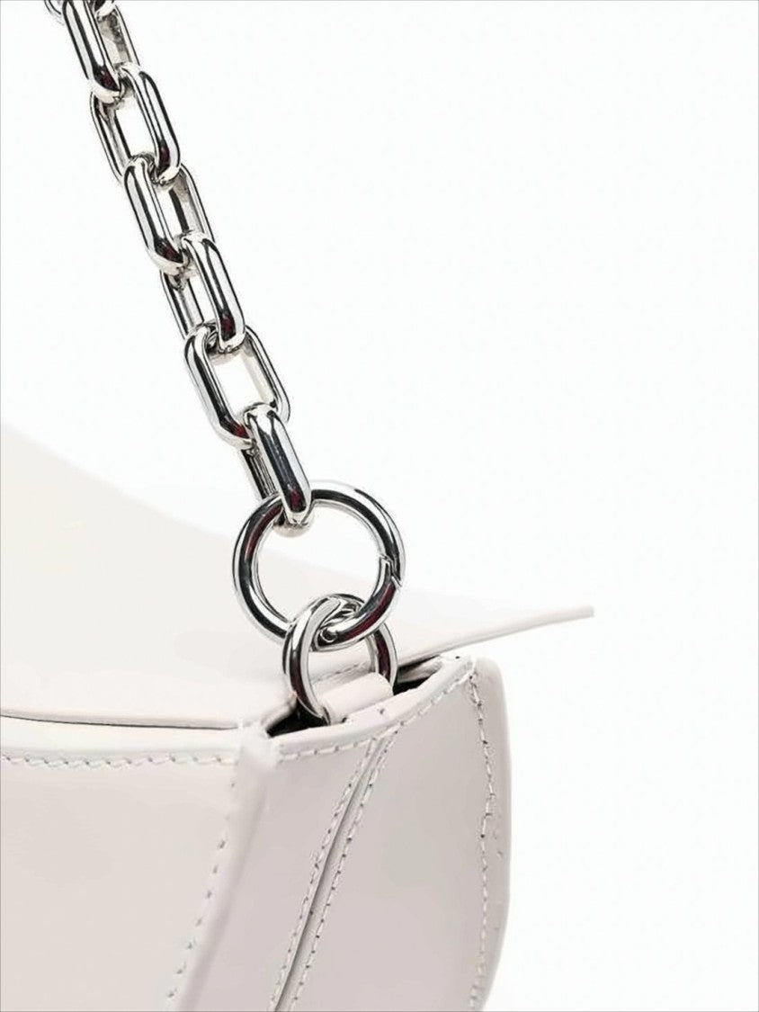 Yuzefi Half-Moon White Leather Shoulder Bag With Silver Hardware