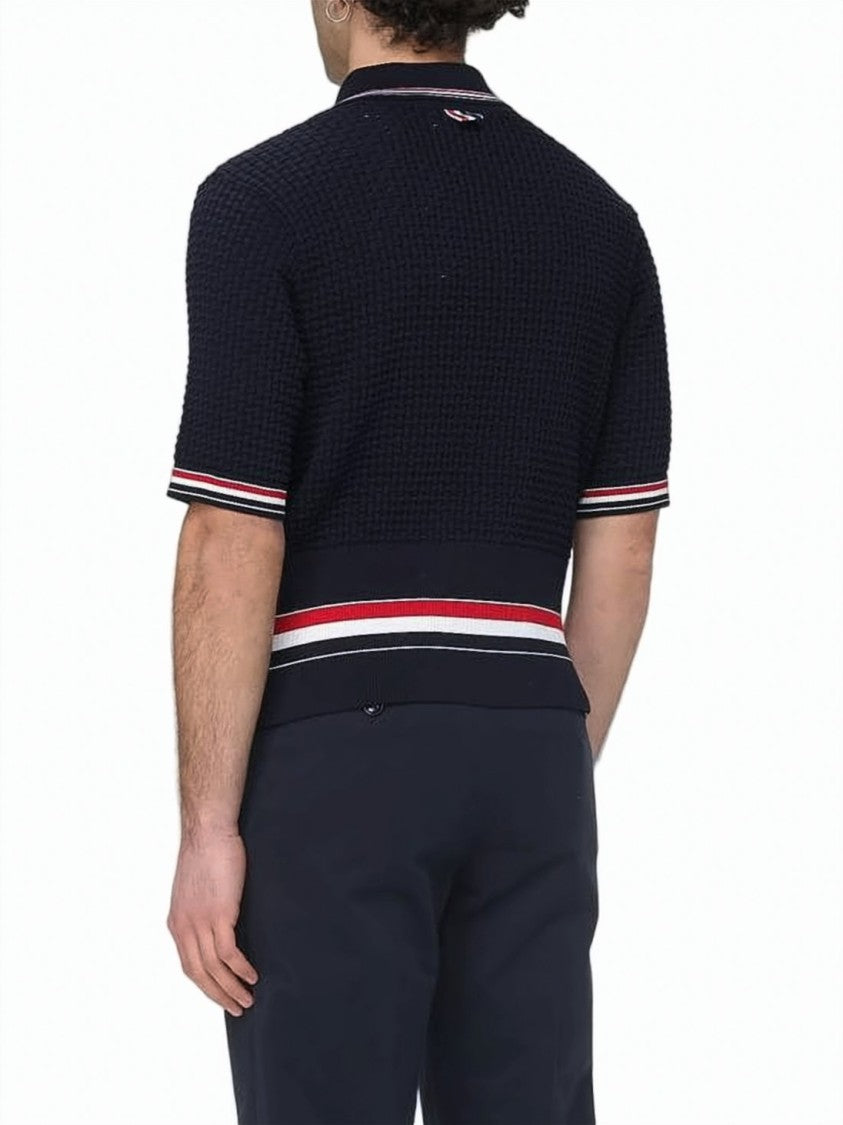 Thom Browne Textured Knit Short-Sleeve Polo With Striped Accents