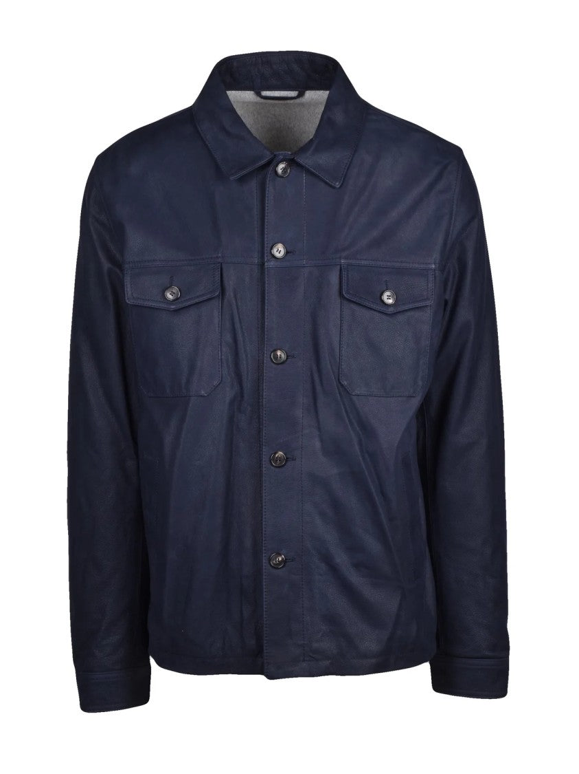 Borgo Pellai Button-Closure Blue Leather Jacket