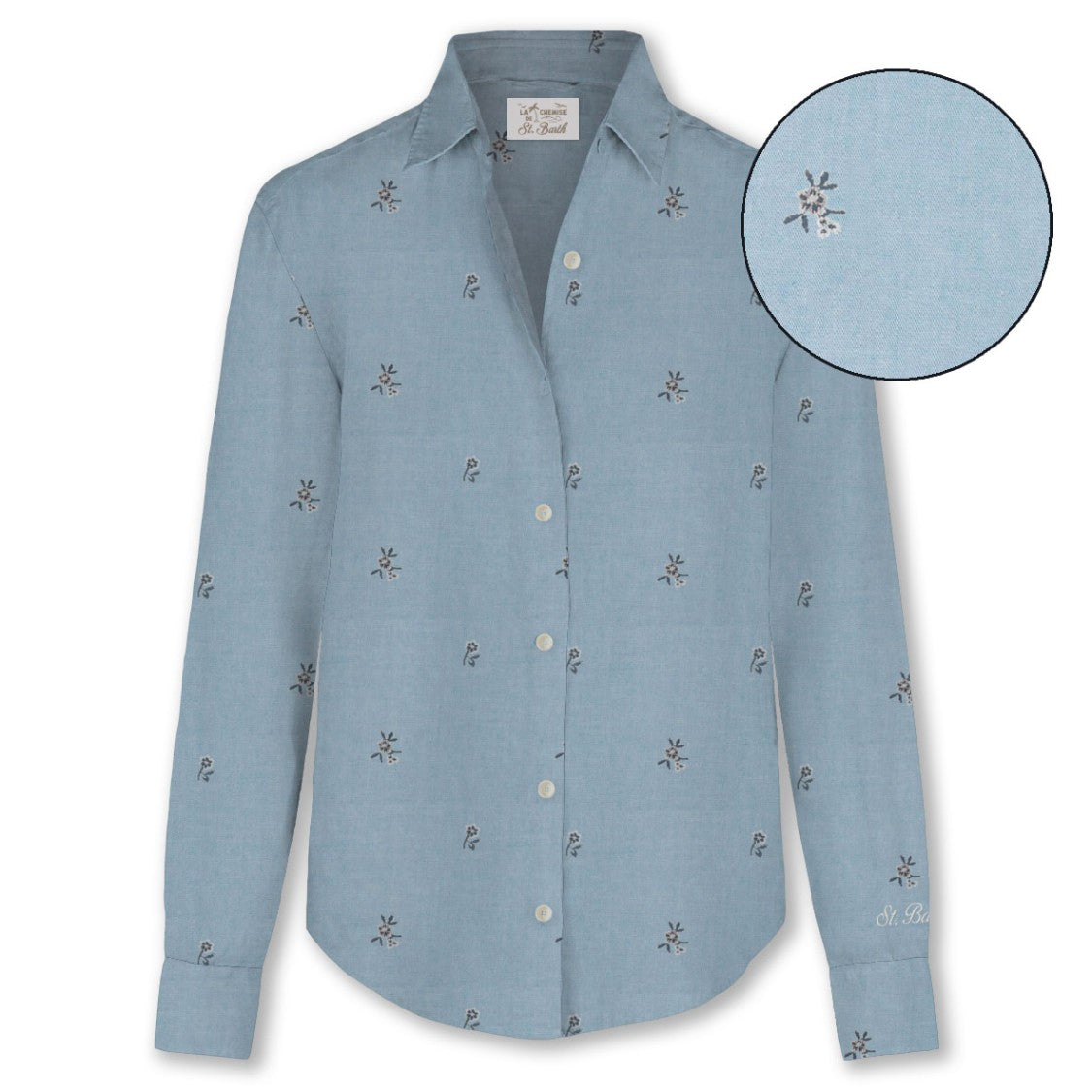 Mc2 Saint Barth Meredith Chambray Floral Embroidered Shirt