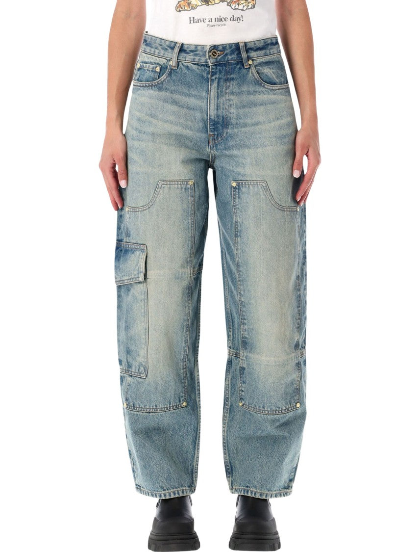 Ganni Relaxed-Fit Light Blue Denim Pants With Cargo Pocket