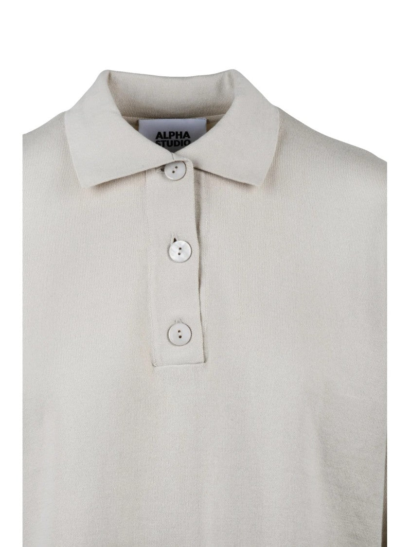 Alpha Studio Beige Cotton Knit Polo Shirt