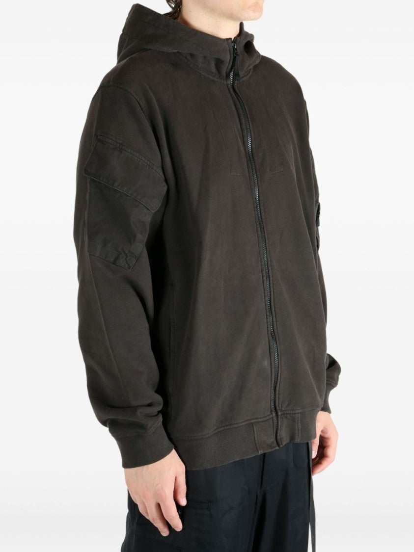Stone Island Dark Grey Zip-Up Hoodie With Ribbed Cuffs