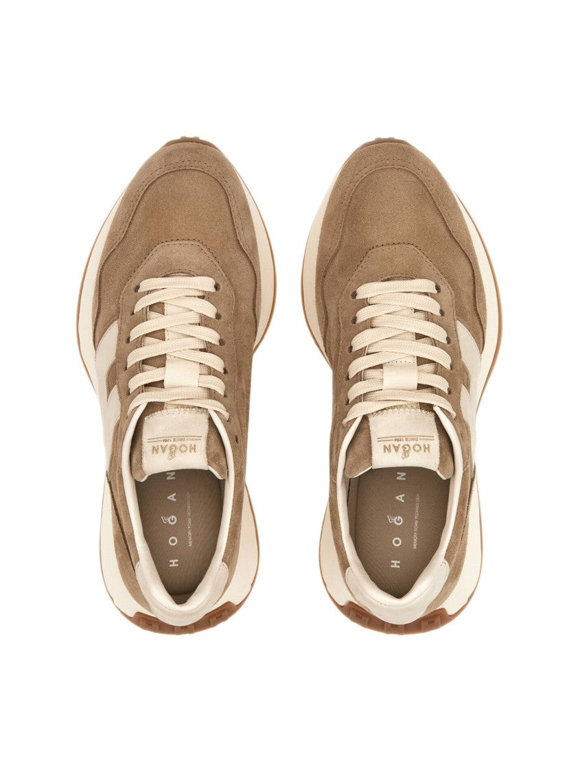 Hogan Minimalistic Beige Suede Sneakers With Cream Accents
