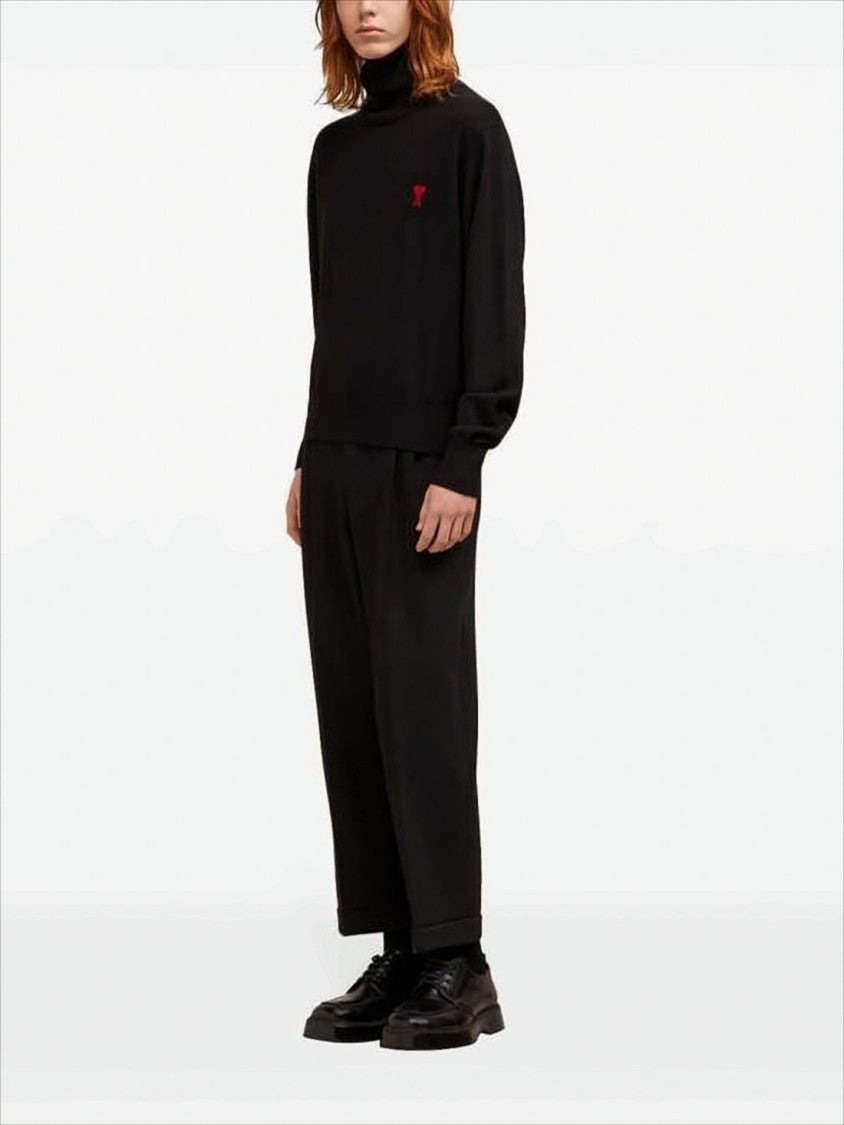 Ami Merino Wool Black Turtleneck Sweater With Heart Logo