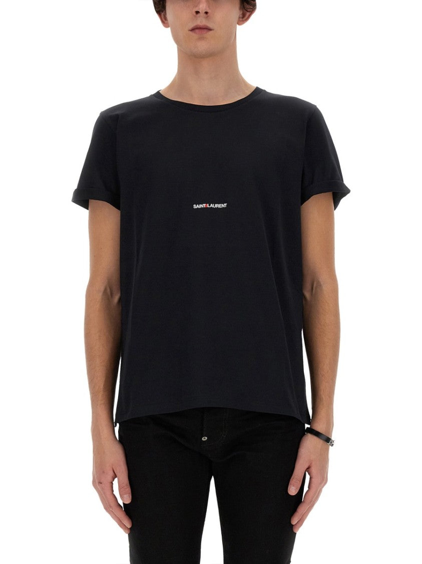Saint Laurent Black Cotton T-Shirt With Centered Logo Print