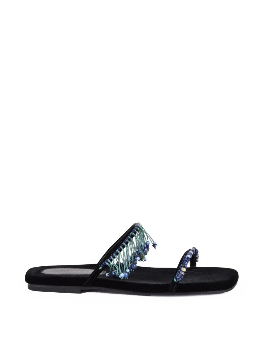 Dries Van Noten Beaded Black Velvet Flat Mules