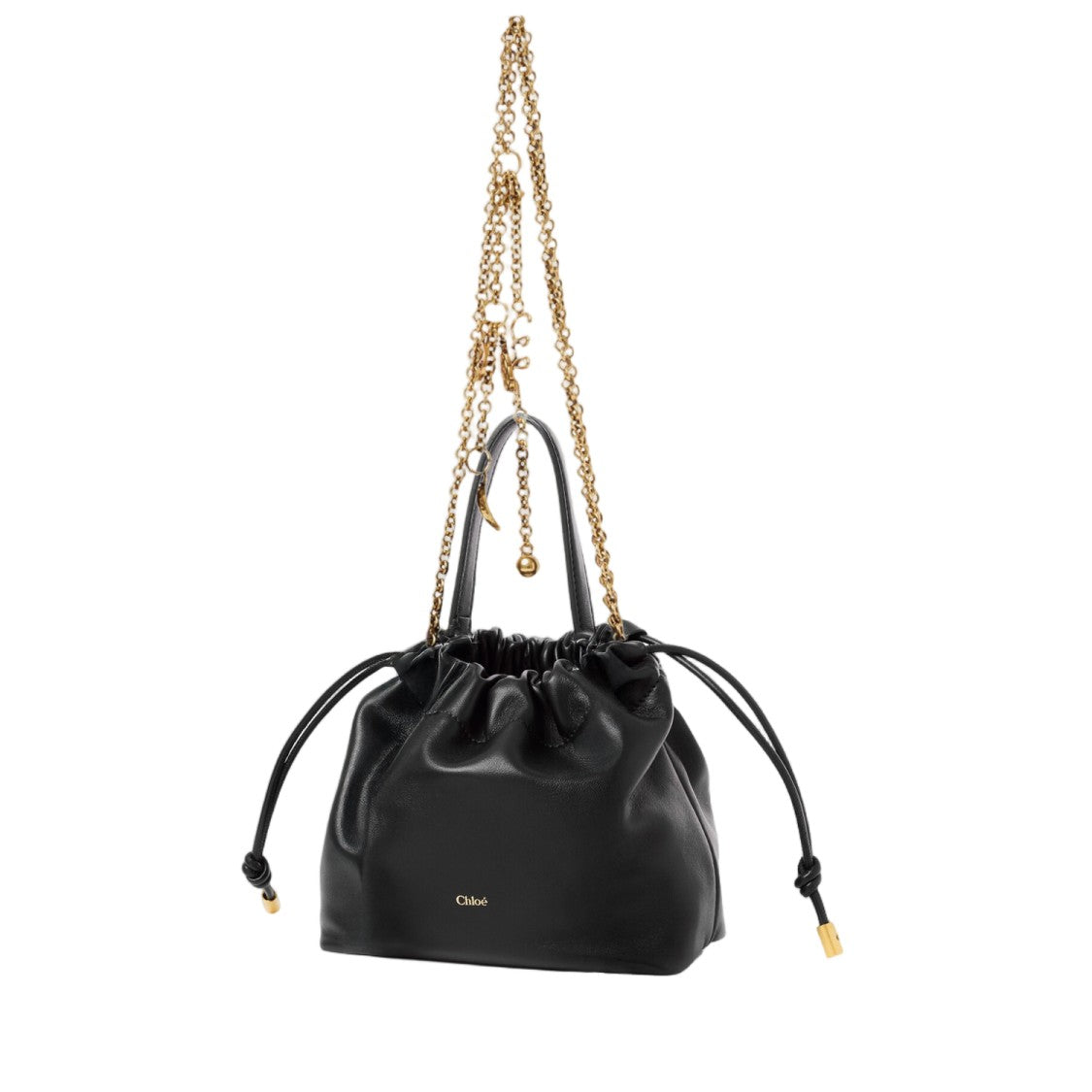 Chloé Mini Leather Shoulder Bag With Drawstring Closure And Decorative Charm Strap