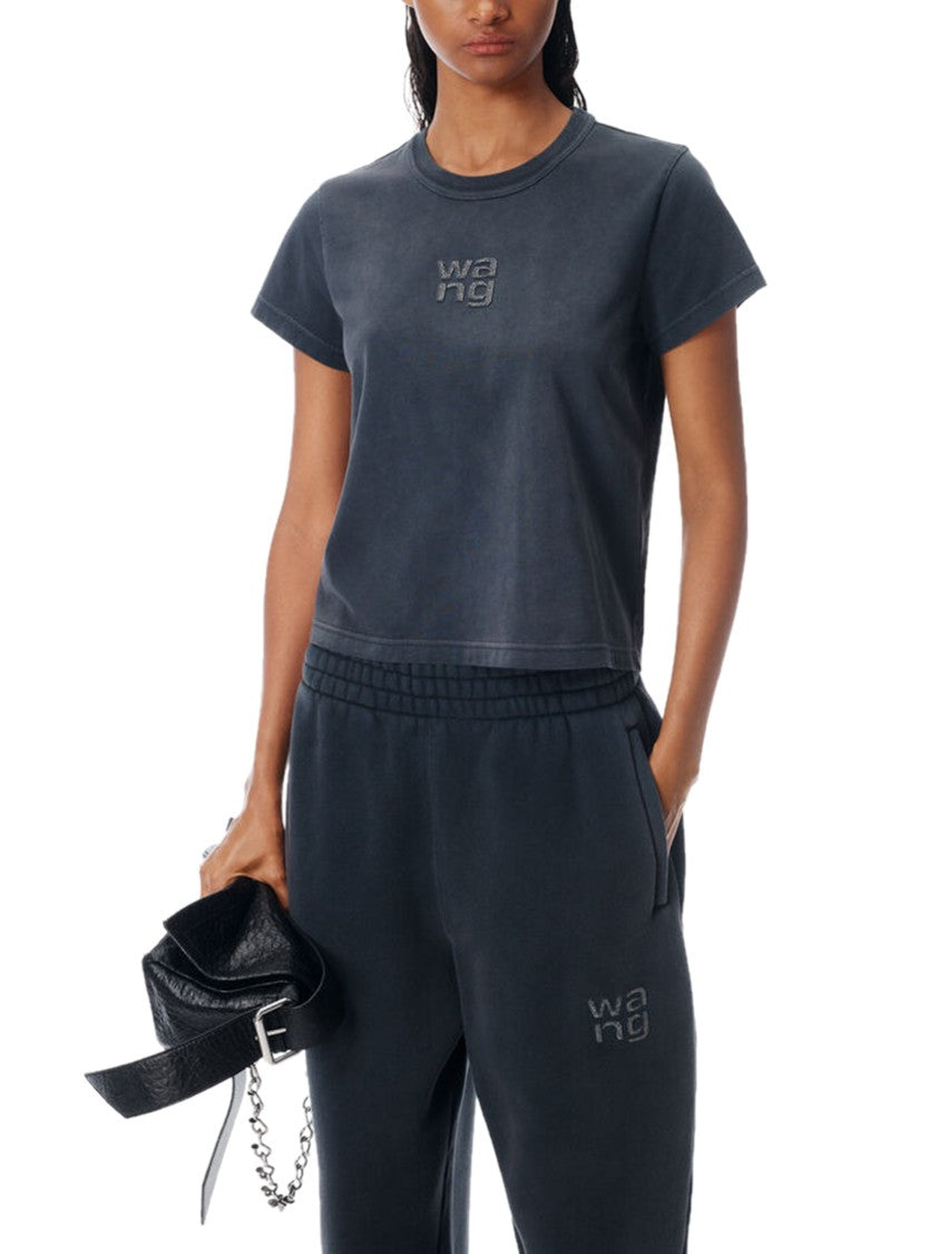 Alexander Wang Cropped Black Tee With Subtle Hotfix Logo