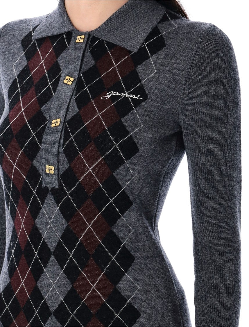 Ganni Slim-Fit Knitted Polo Shirt With Check Pattern