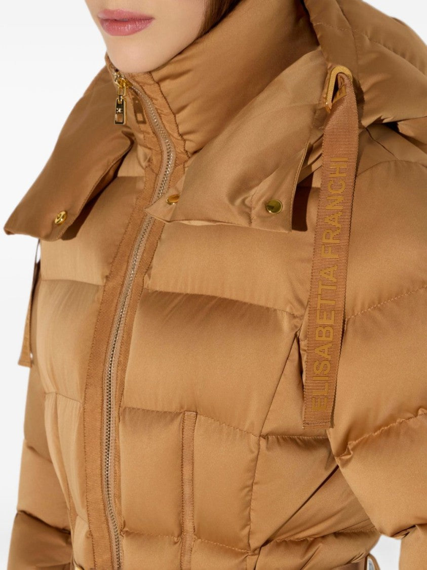 Elisabetta Franchi Voile High-Collar Belted Hooded Down Jacket