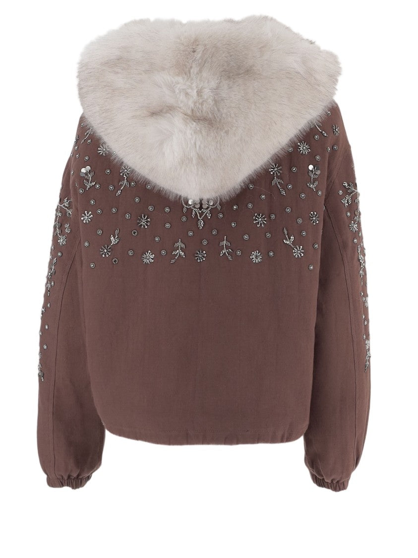 Novelle Brown Floral Embroidered Hooded Cotton Jacket