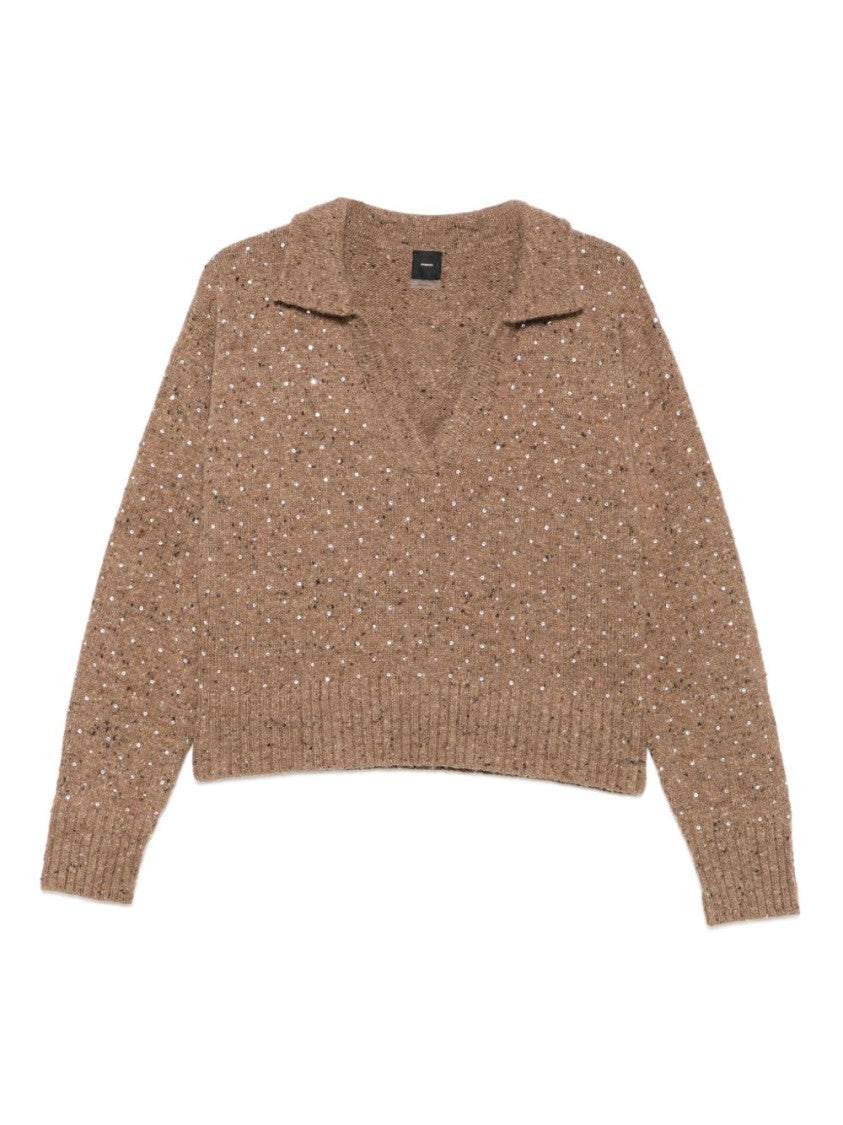 Pinko Camel Knit Top With Deep V-Neckline