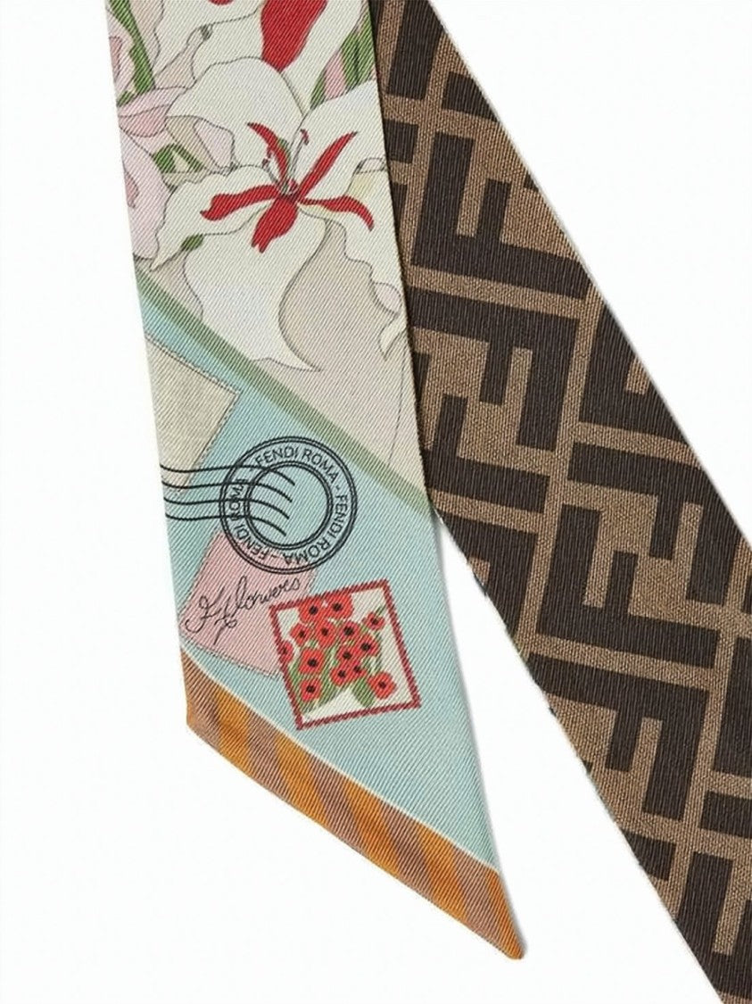 Fendi Brown Silk Monogram Floral Pattern Scarf