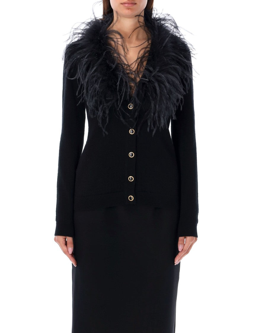 Alessandra Rich Black Wool Cardigan With Feather Trim