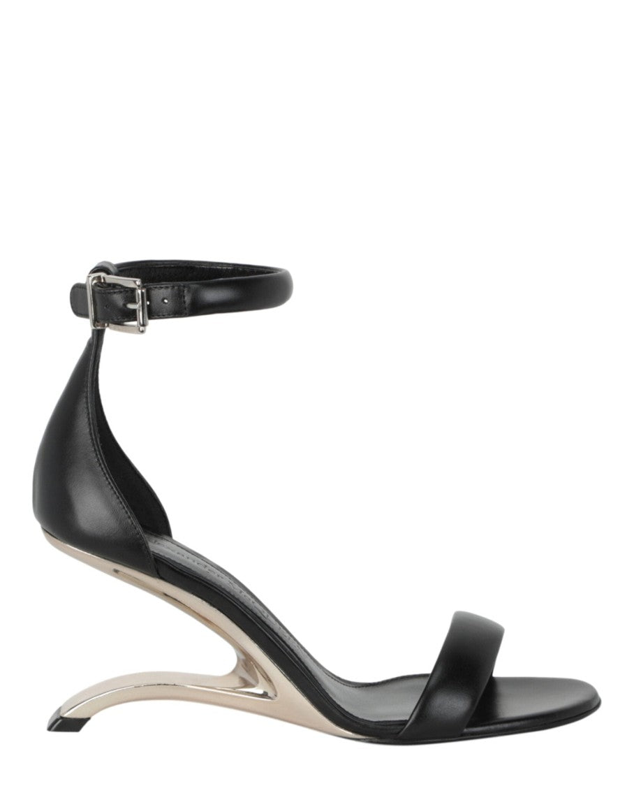 Alexander Mcqueen Curved Heel Black Calfskin Sandals With Ankle Strap
