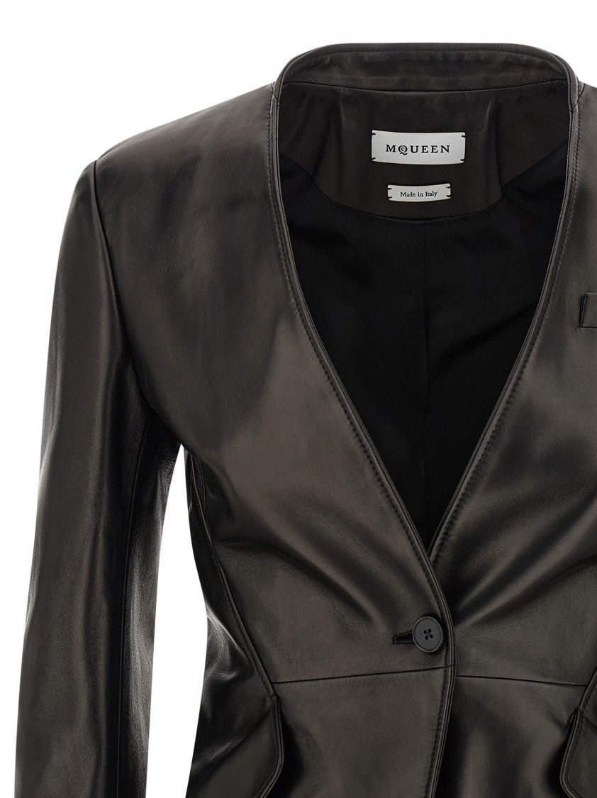 Mcqueen Nappa Leather Single-Breasted Blazer With Asymmetric Hem