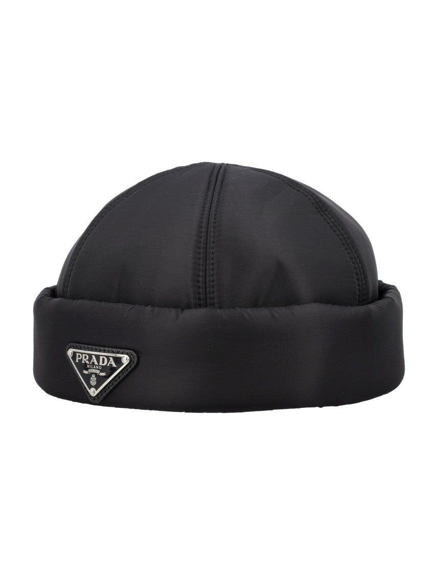 Prada Fold-Over Nylon Beanie With Iconic Logo Plaque