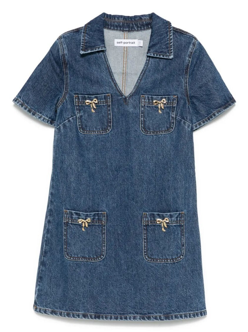 Self-Portrait Denim Crystal Bow Mini Dress