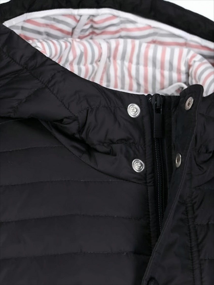 Thom Browne Quilted Black Padded Coat With Hood And Three-Stripe Detail