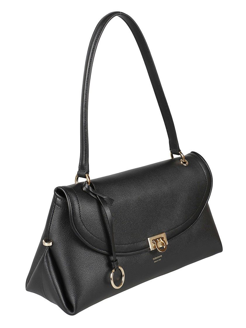 Ferragamo Structured Black Calf Leather Handbag With Gold Accents