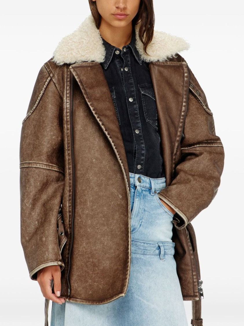 Diesel Distressed Brown Leather Coat With Plush Shearling Collar