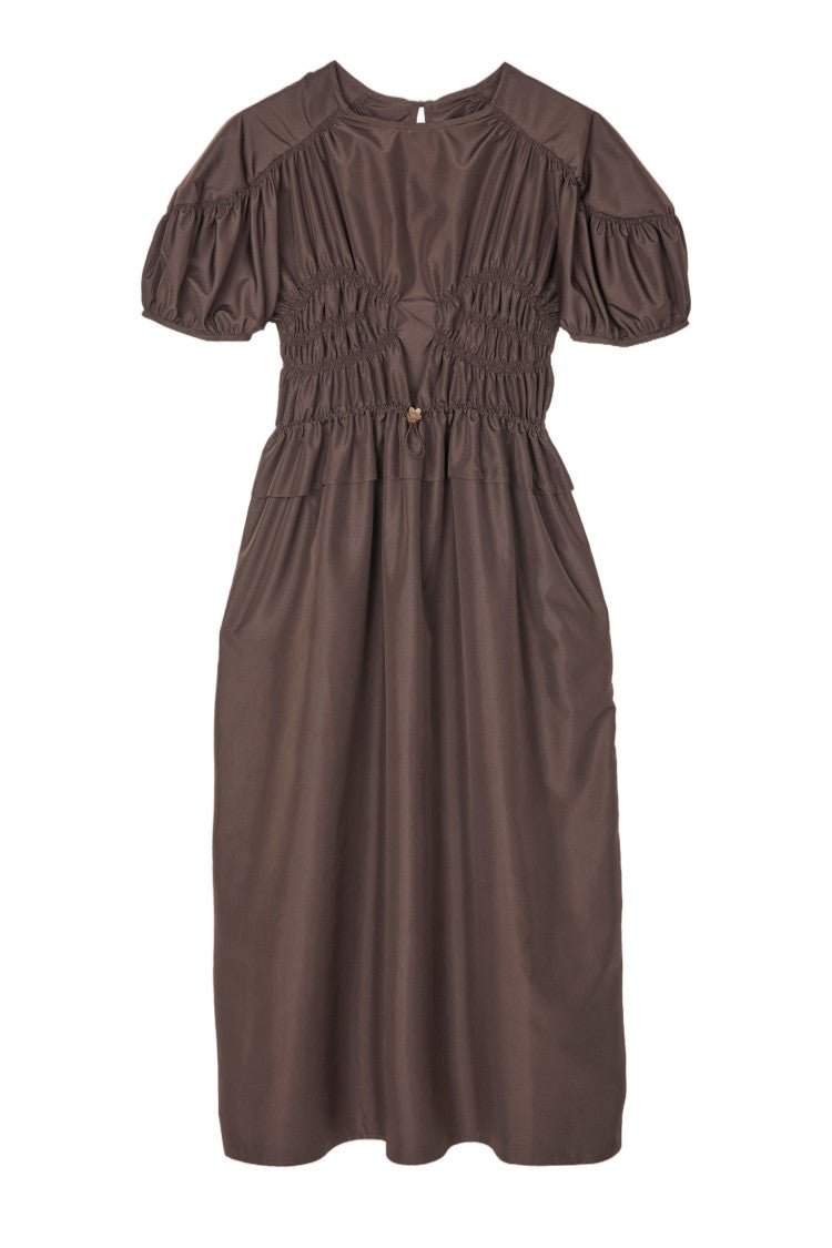 Cecilie Bahnsen Technical Fabric Midi Dress With Draped Waist And Puff Sleeves