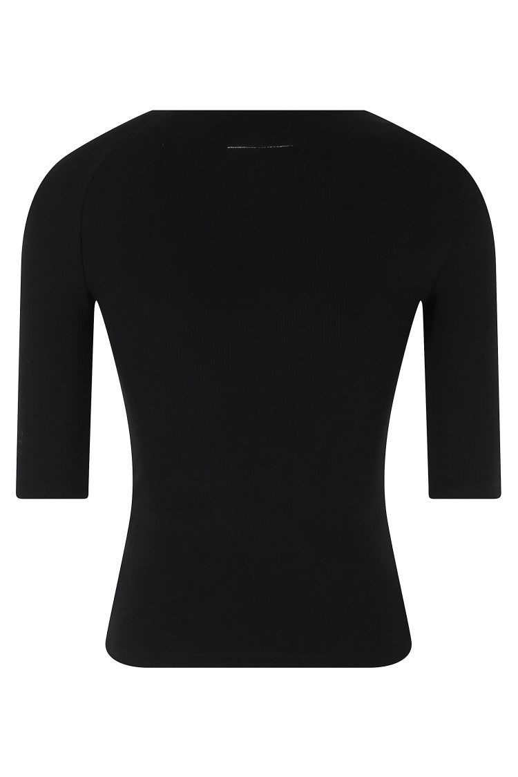 Mm6 By Maison Margiela Black Asymmetrical Ribbed Trim Cotton-Blend Top