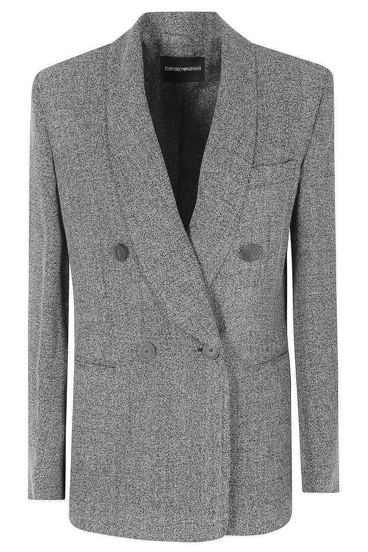 Emporio Armani Gray Double-Breasted Padded Shoulders Viscose-Blend Blazer