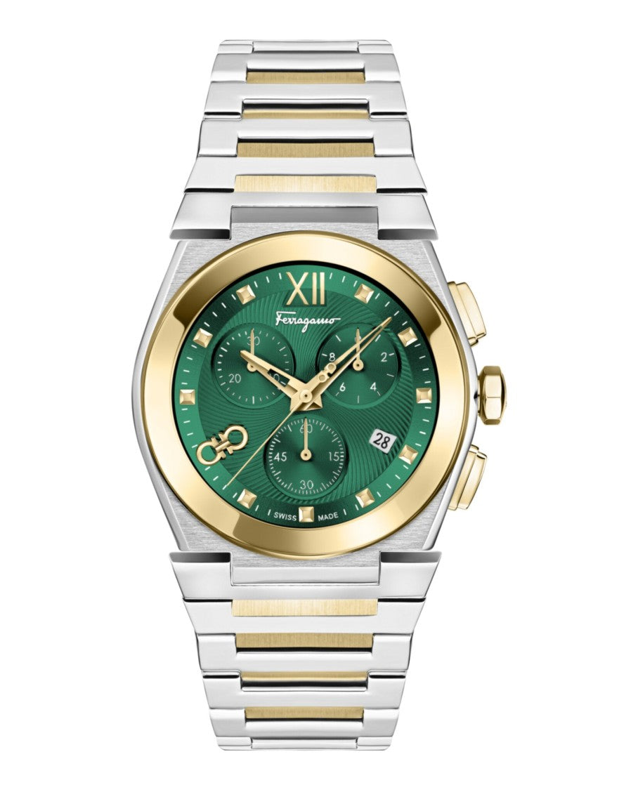 Ferragamo Vega Chrono Bracelet Watch With Green Guilloche Dial And Two-Tone Design
