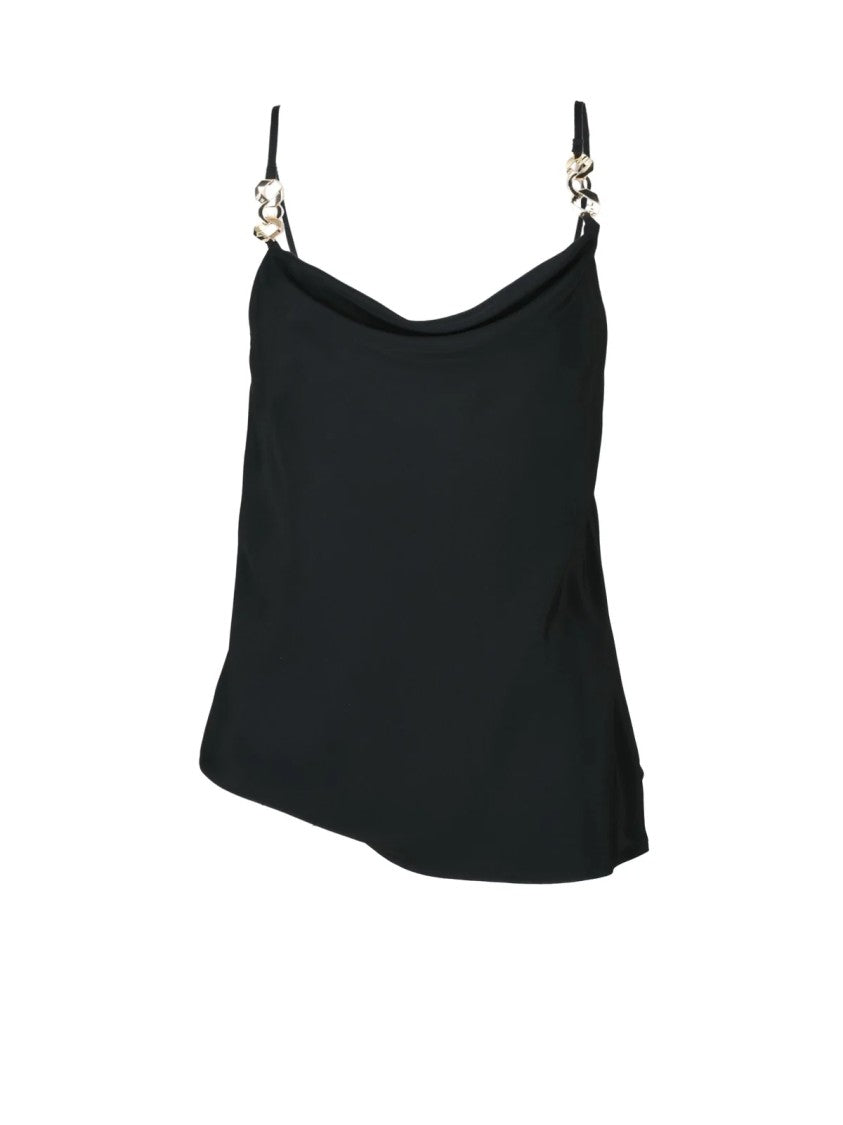 Simona Corsellini Fluid Black Top With Asymmetrical Hem And Decorative Straps